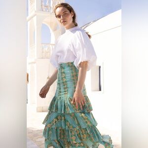 Oliphant Green and Gold Cotton Tiered Skirt